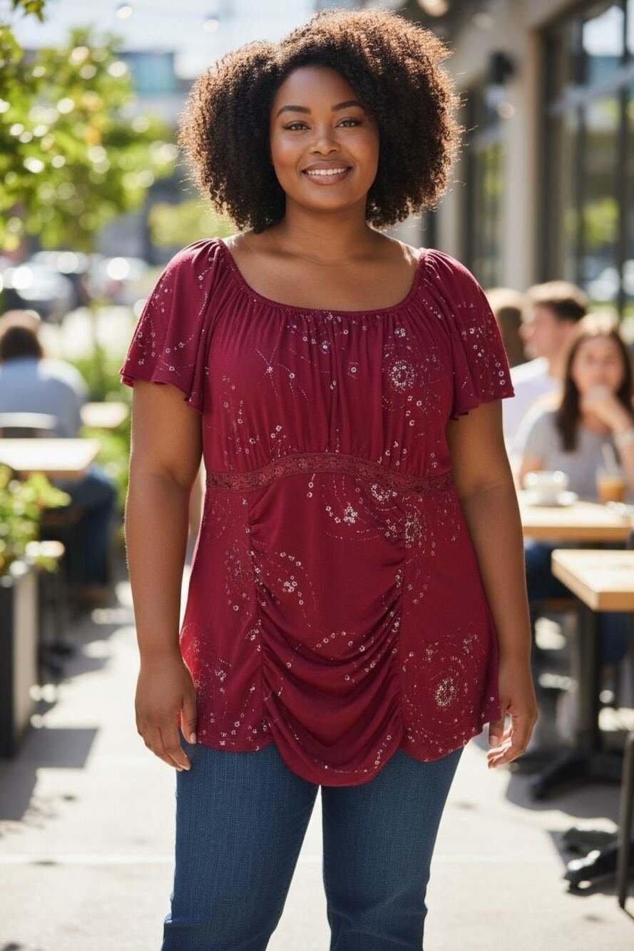 Torrid Burgundy Red Sequin Embellished Peasant Style Top